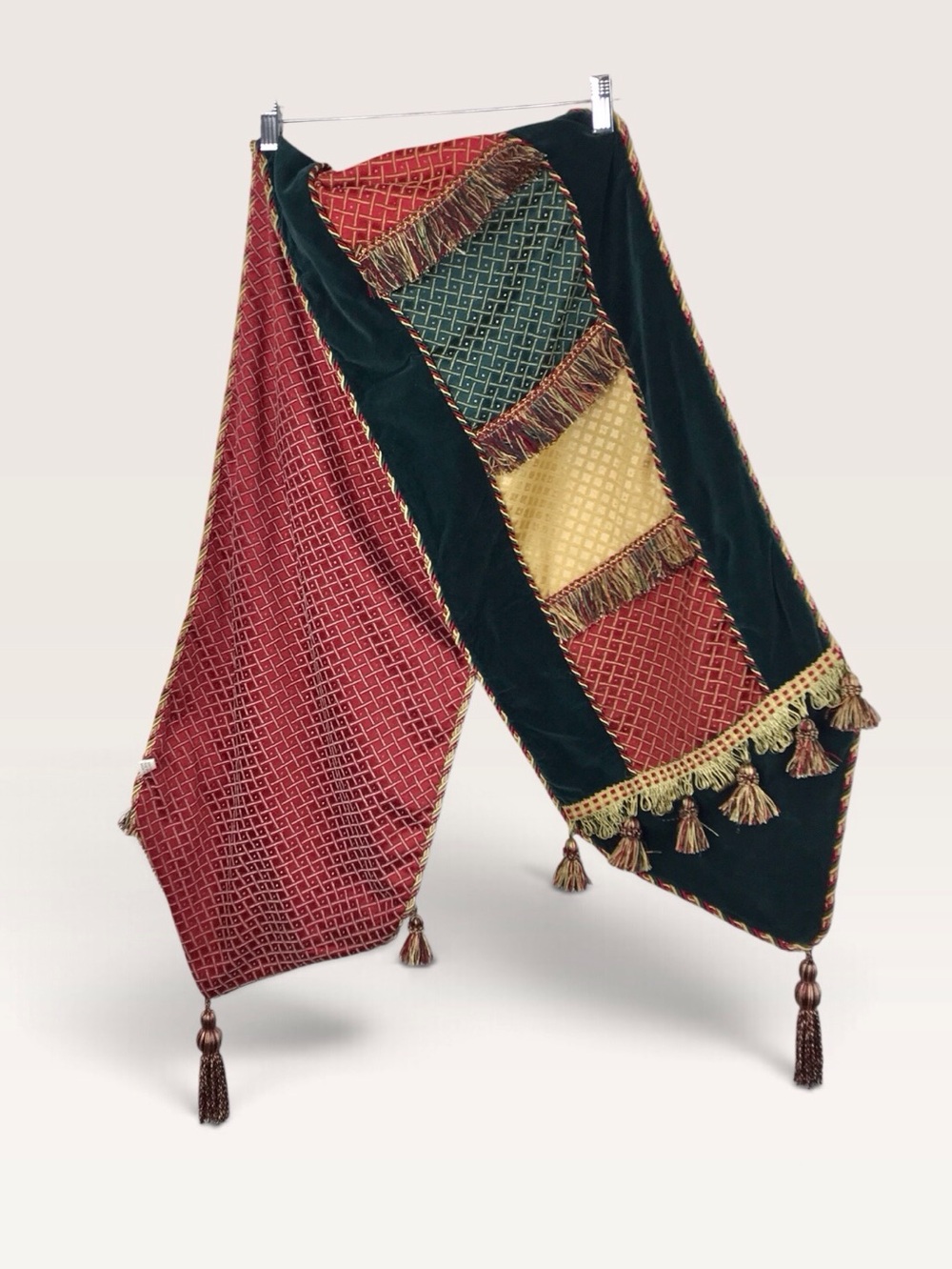 Vintage Green Velvet & Red Gold Damask Table Runner with Tassels Christmas